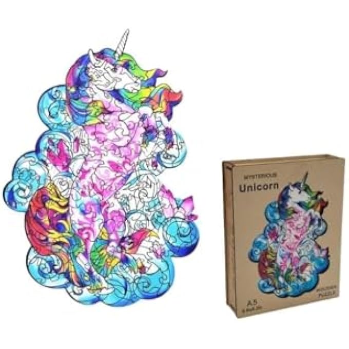 WOODEN JIGSAW PUZZLES, 3D WOODEN ANIMALS SHAPED PUZZLES, BEST GIFT FOR ADULTS AND KIDS DIY PUZZLE PIECE, COLORFUL UNIQUE SHAPED UNICORN PUZZLES A5-5.8 X 8.2 IN (A5-UNICORN) - Image 1